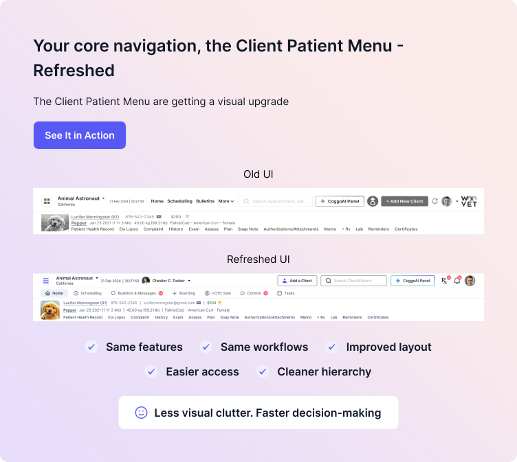 Inside Woovet: Revamped Client Patient Menu